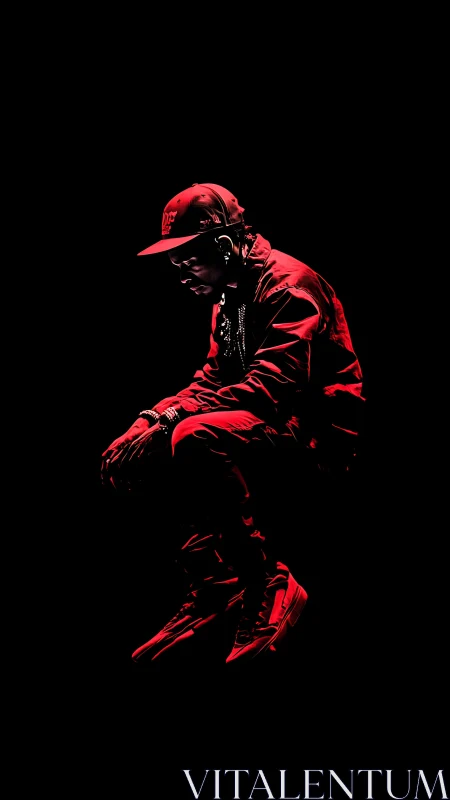Chromatic red silhouette of seated streetwear figure in void.