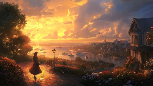 Woman observes harbor city at vivid sunset from hillside path