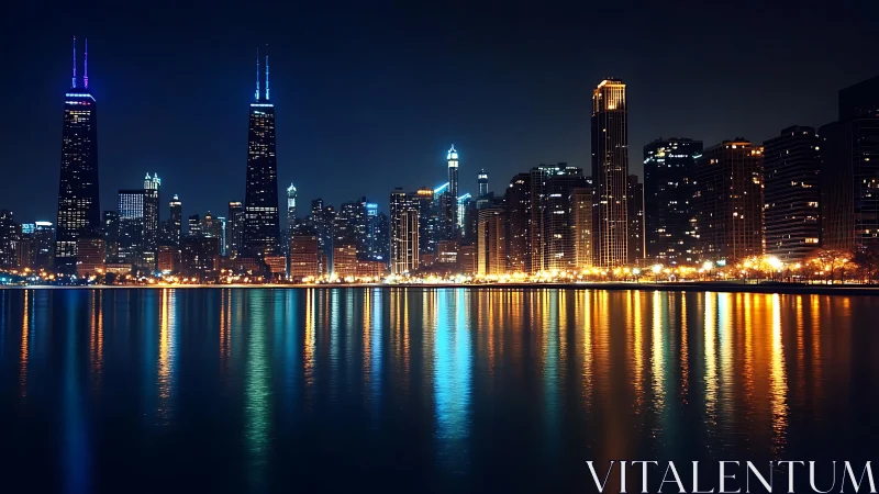 City skyline at night with colorful waterfront reflections.
