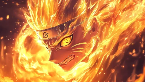 Blazing ninja spirit wrapped in swirling golden firestorm.