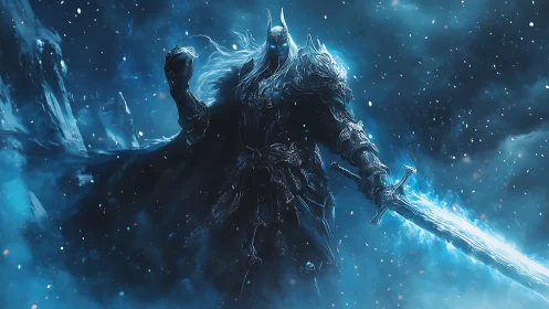 Armored ice warrior with glowing sword in snowstorm scene.
