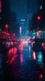 Neon rainstorm drapes a midnight city in liquid neon dreams.