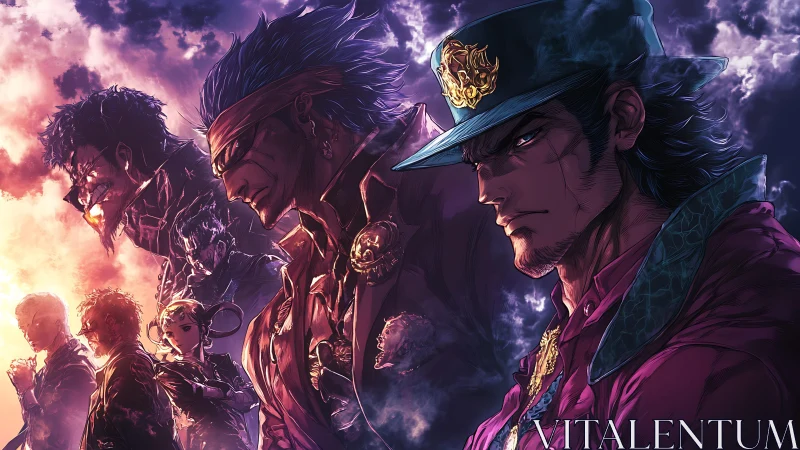 Storm-lit anime warriors march through violet thunder skies.