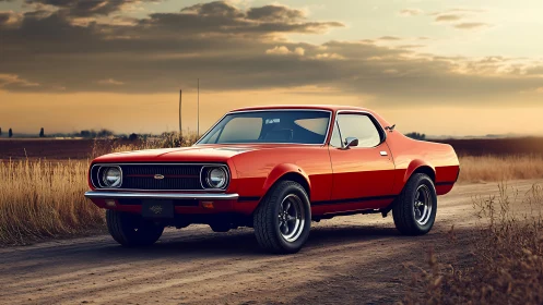 Vintage orange muscle car parked on rural dirt road at dusk.