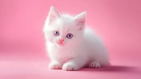 White Kitten with Violet Eyes Against Soft Pink Studio Background.