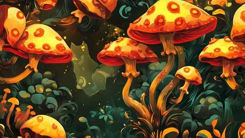 Glowing orange mushrooms in dense stylized forest scene.