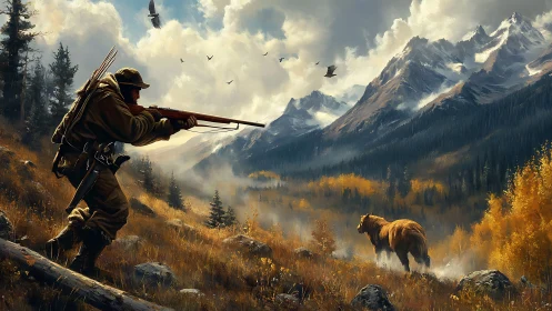 Hunter aiming rifle at elk in dramatic alpine valley scene.