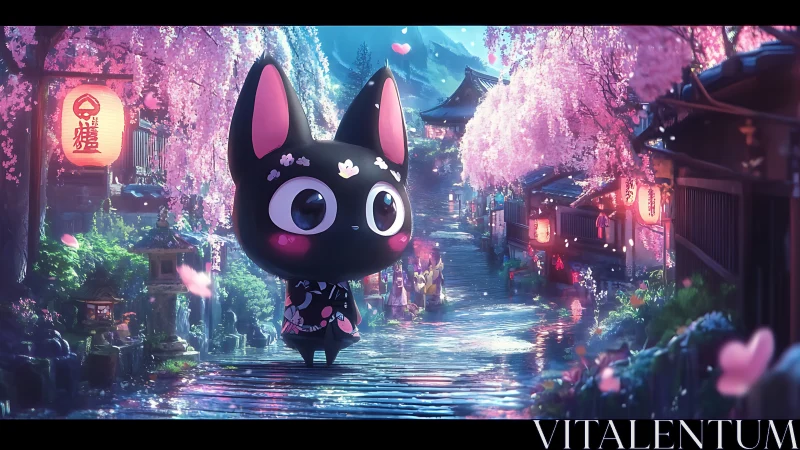 Black chibi cat under cherry blossoms in lantern street.