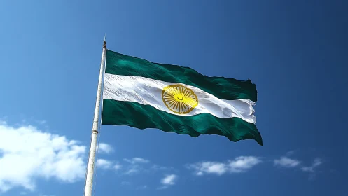 Emerald and white banner dances beneath a crystal sky.