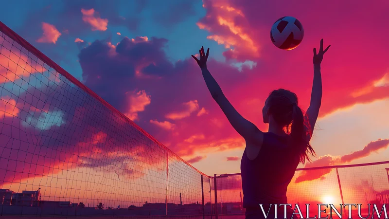 Sunset volleyball player celebrates a vibrant evening serve