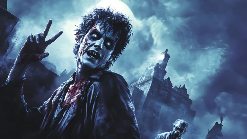 Ghastly zombie under full moon haunts ruined mansion grounds.