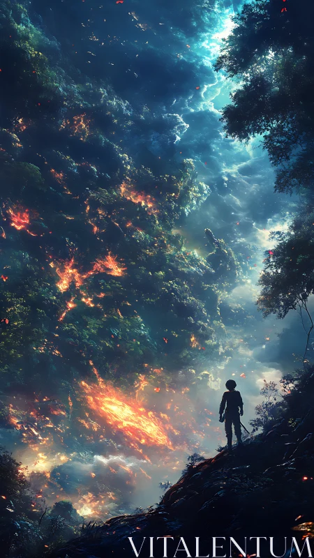 Solitary Explorer Gazing at Nature's Fiery Wonder.