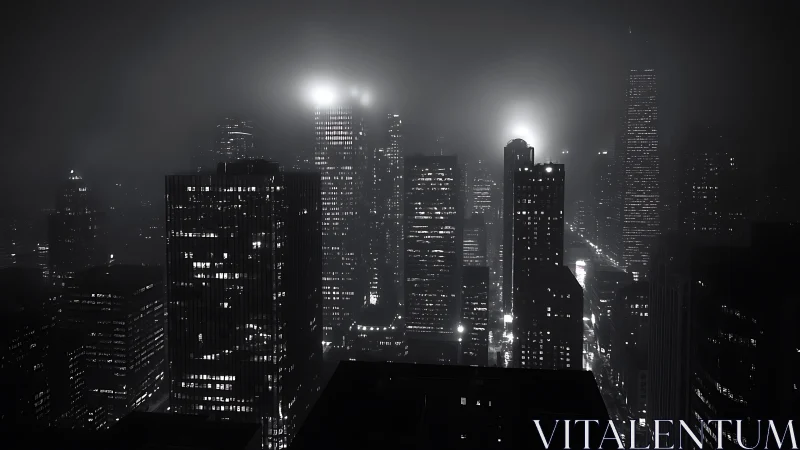 Midnight city skyline wrapped in fog and quiet light.