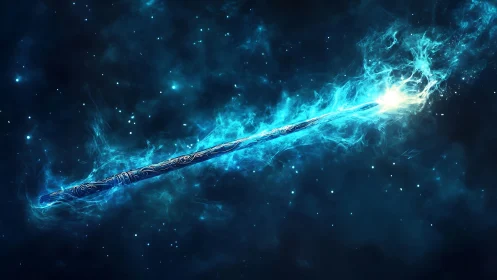 Enchanted blue staff emits blazing cosmic energy in space