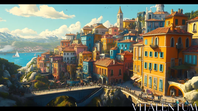 Coastal hillside town with dense colorful buildings viewed.