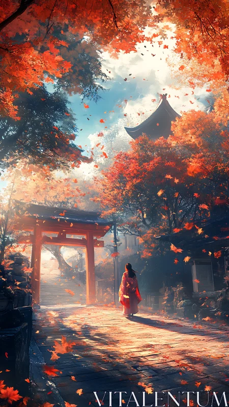 Autumn shrine path with solitary kimono figure at sunrise.