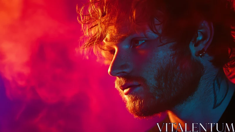 Side-lit male portrait in red blue gelled studio lighting profile