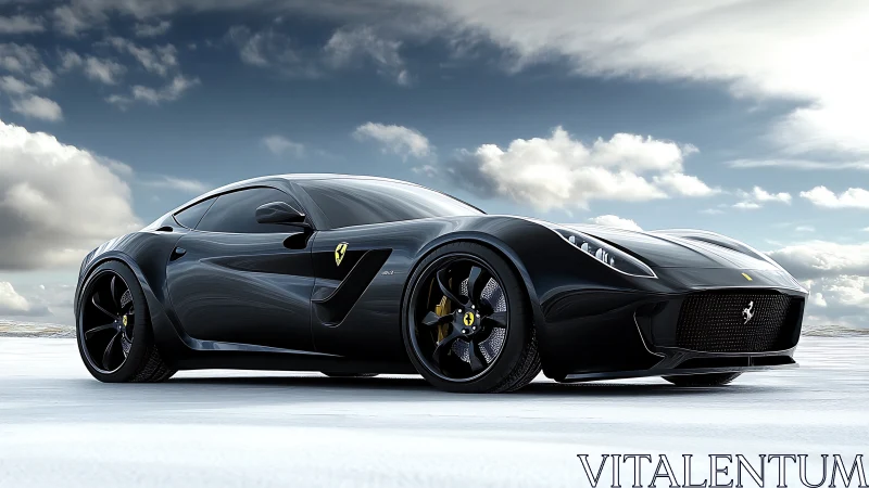 Black supercar cuts horizon with sculpted aerodynamic body.