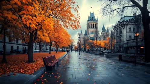 Autumn city boulevard directs gaze toward neo-gothic tower