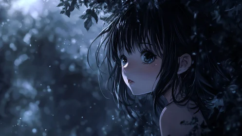 Nocturnal anime portrait in blue bokeh forest lighting study