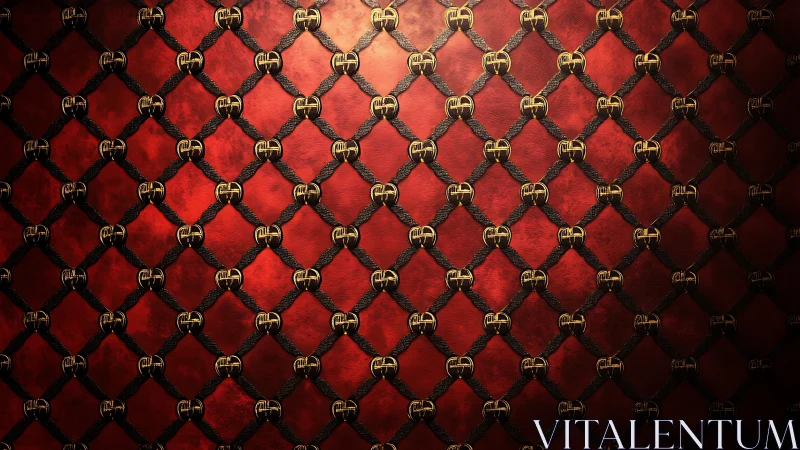 Red quilted surface with black straps and gold buckles pattern.