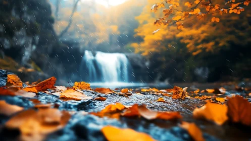 Rain-kissed autumn leaves cradle a dreamy forest waterfall.