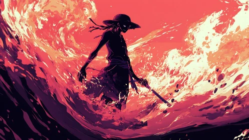 Lone straw‑hatted wanderer wading through crimson waves.