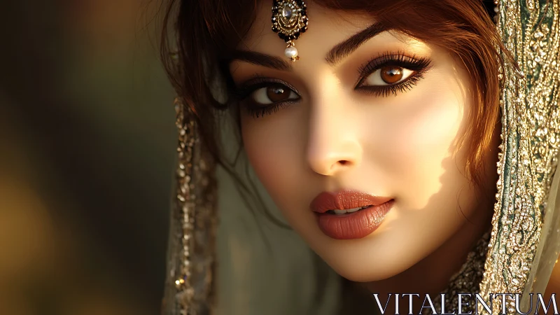 Warm gaze glows beneath jeweled veil and golden sunlight