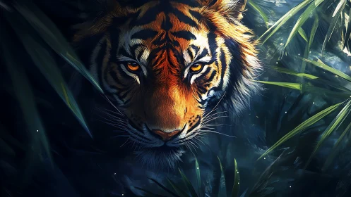 Mystical jungle tiger emerging with glowing amber eyes.