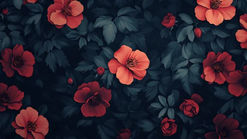 Red Flowers Dark Garden Composition.