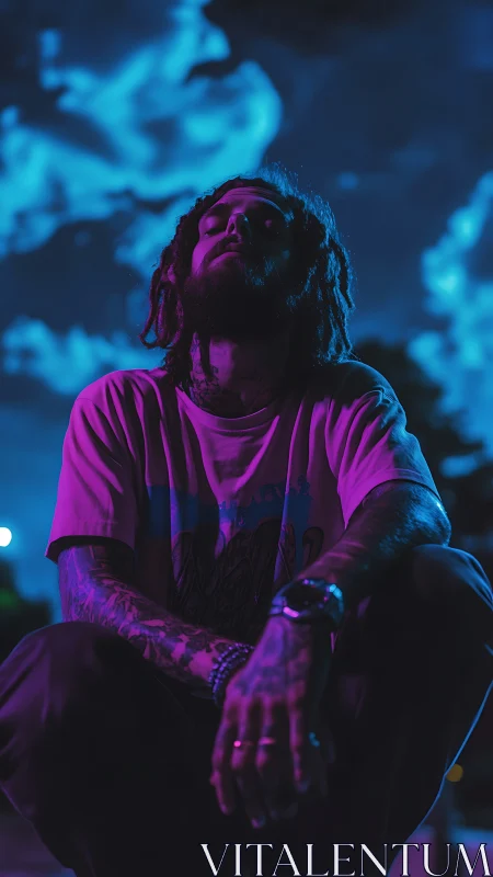 Moody night glow with a calm, tattooed street dreamer.