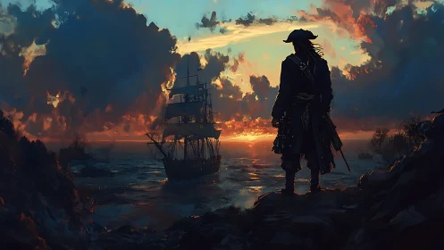 Silhouetted pirate observing sailing ship at coastal sunset.