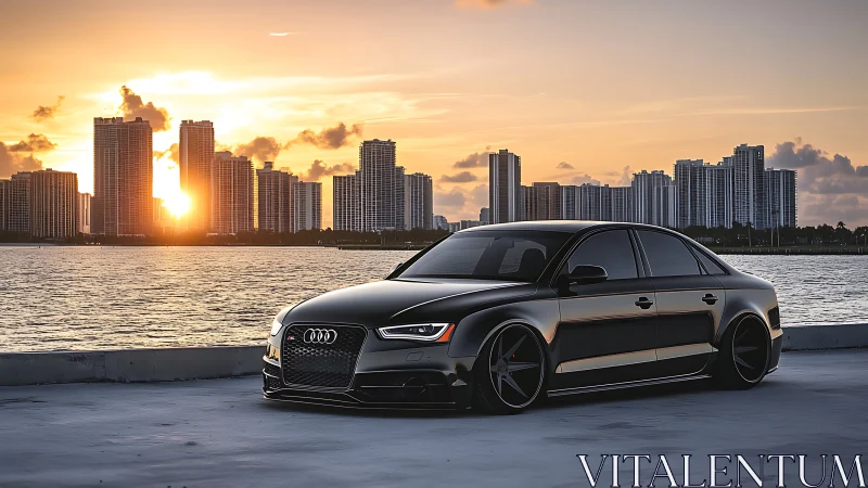 Sleek black Audi sedan glows against a dramatic city sunset.