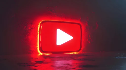 Neon YouTube Play Button Sign Glowing on Dark Wall.