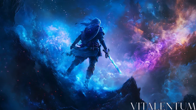 Starlit bladewalker strides through roaring cosmic storm.