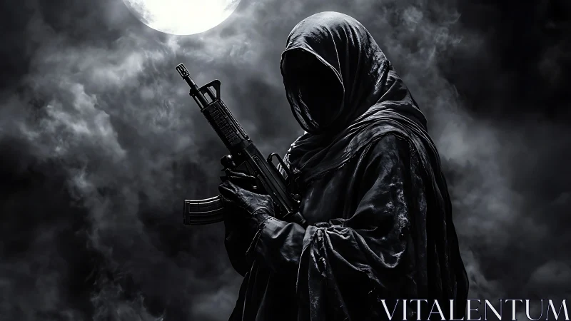 Hooded spectral rifleman under high-contrast lunar backlight.