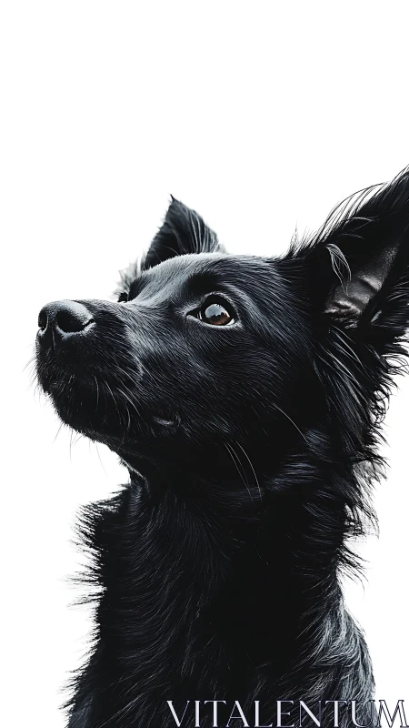 Black dog profile portrait on high key white background.