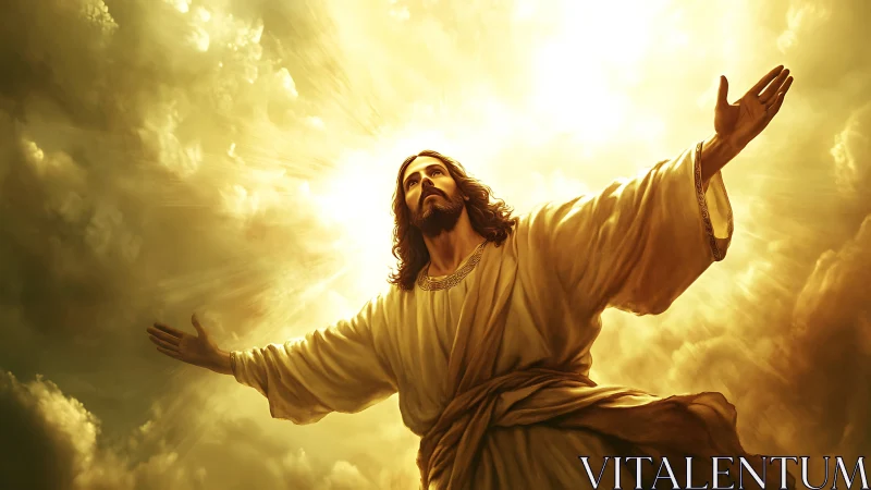 Radiant robed figure ascends through glowing golden light