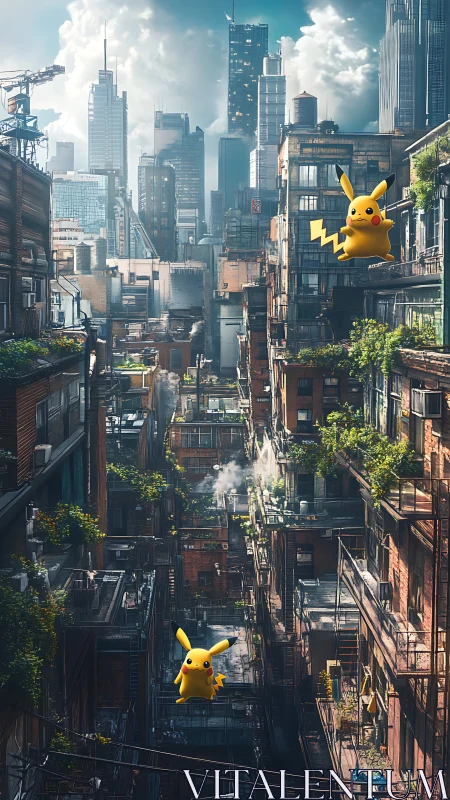 Urban alleyway with Pikachu characters in dense cityscape.