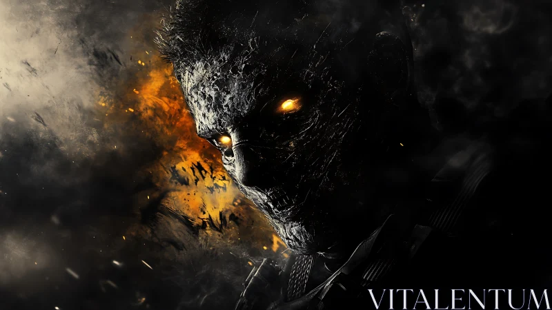 Molten-eyed cyber revenant emerging through infernal smoke.