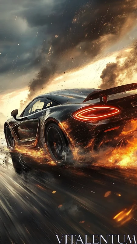 Rear view of sports car on wet road with fire effects.
