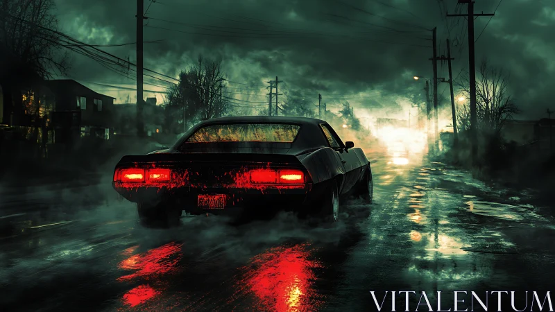 Muscle car accelerates through neon-lit fog on wet night street