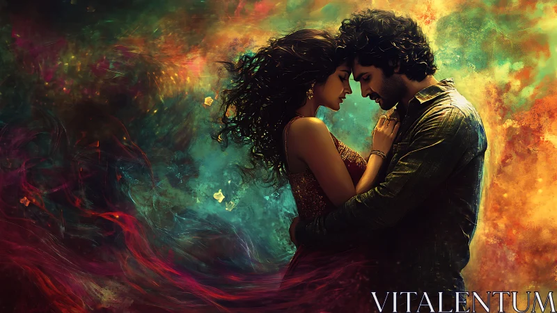 Romantic couple embraced in vibrant ethereal light.