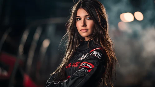 Confident female racer stands in smoke lit pit lane at night