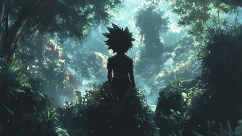 Silhouetted anime figure overlooking glowing jungle valley.