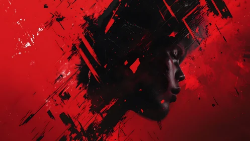 Shattered red portrait fuses human emotion with abstract chaos