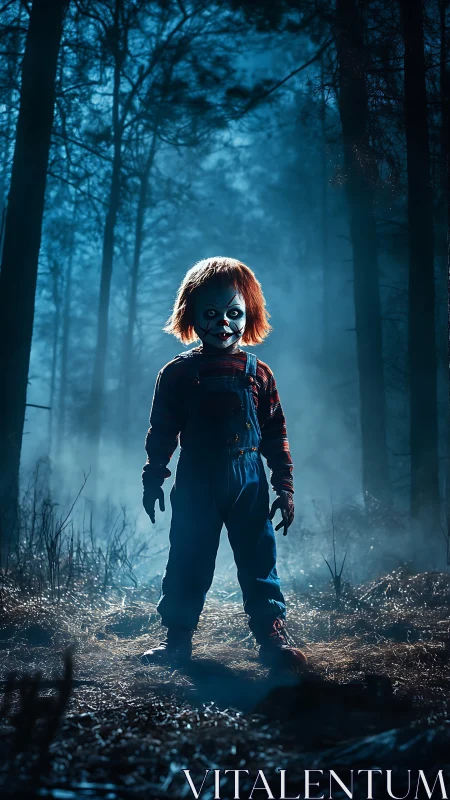 Sinister doll stands menacingly in a fog filled night forest.