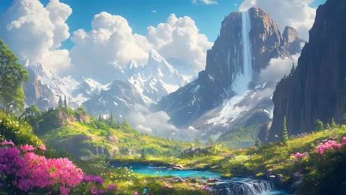 Luminous alpine valley panorama with cascading waterfall focus.