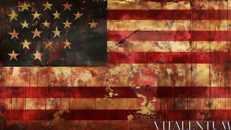 Distressed United States flag with corroded stratified patina.