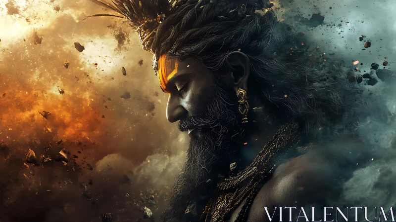 Mythic warrior in profile amid swirling cosmic storm.